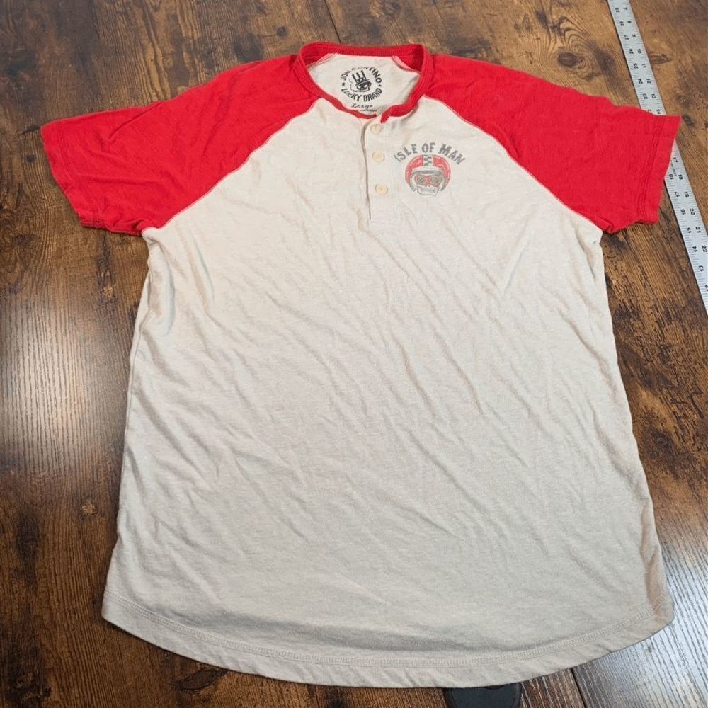 Lucky Brand Shirt Mens Large Beige Red‎ Henley Short Sleeve Skull Jon Contino *